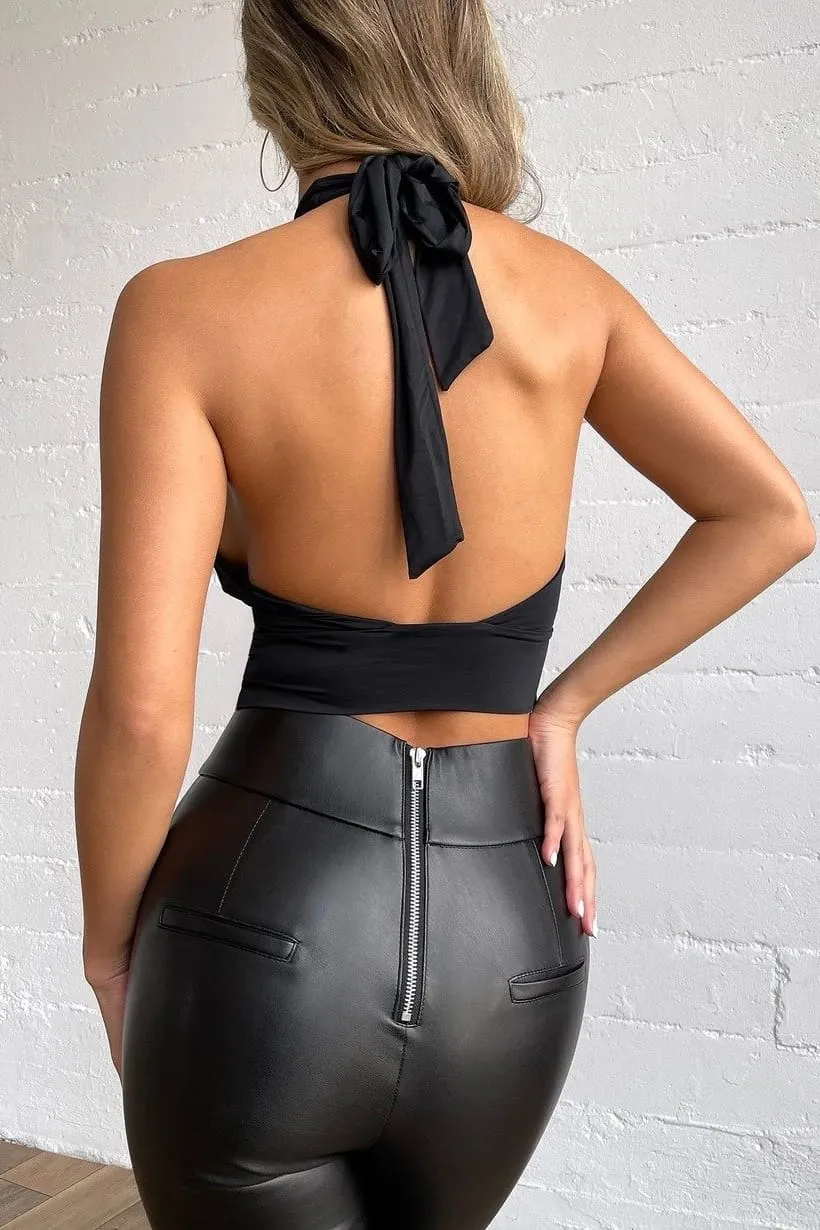 Black Asymmetrical Wrap Halter Crop Top