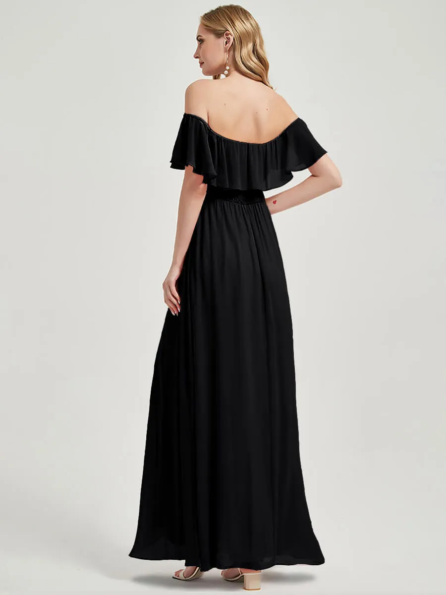 Black Convertible Off Shoulder Chiffon Bridesmaid Maxi Dress With Slit