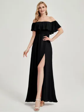 Black Convertible Off Shoulder Chiffon Bridesmaid Maxi Dress With Slit