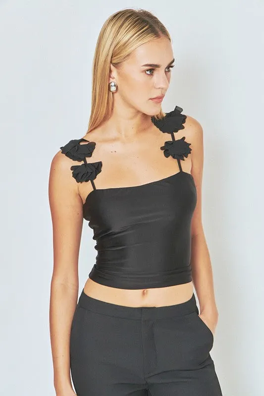 Black Rosette Shoulder Fitted Top