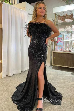 Black Sequin Prom Dresses with Slit Feather Evening Gown FD2741