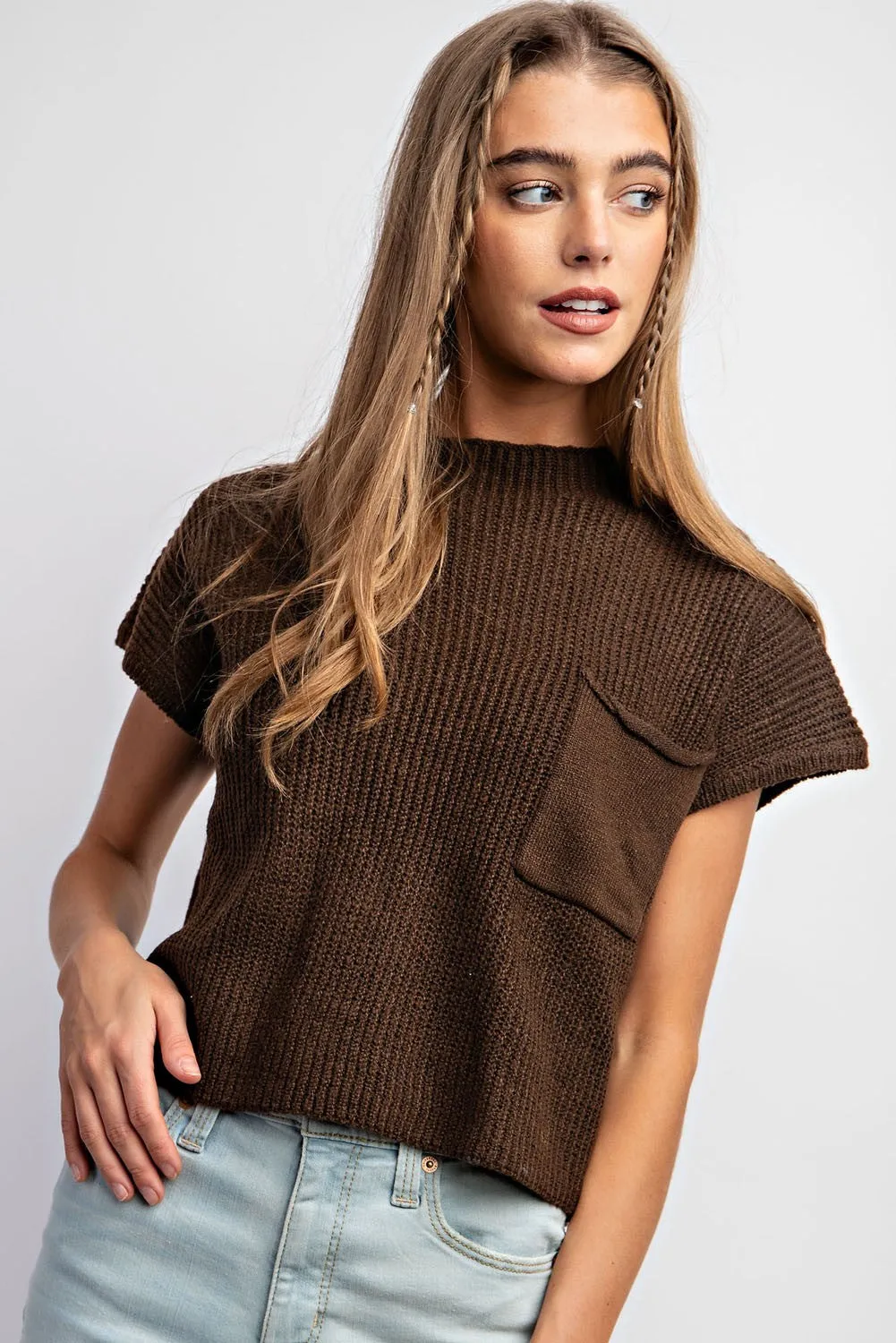 Brown Drop Shoulder Rib-Knit Sweater Top