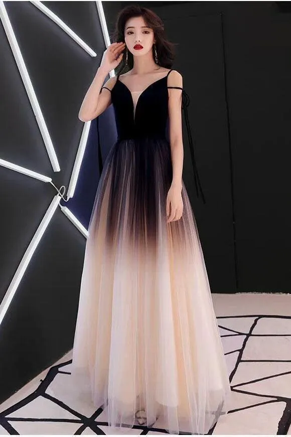 Chic Black Ombre Tulle Prom Dresses Unique V Neck Sleeveless Party Dresses Dance Dress