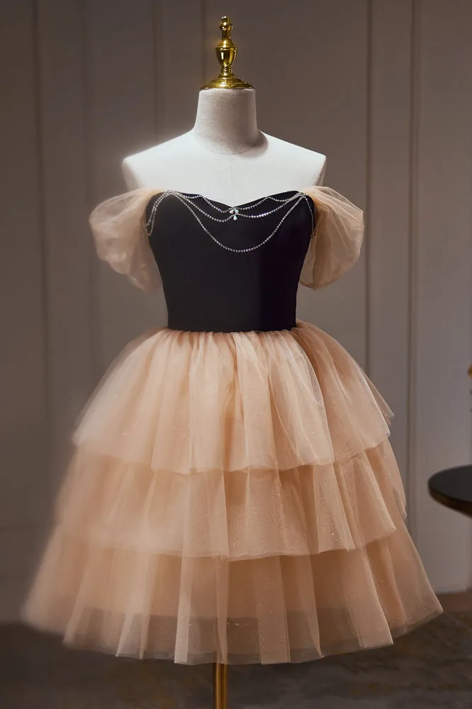 Chic Champagne Off The Shoulder Beading Tulle Short Homecoming Dresses