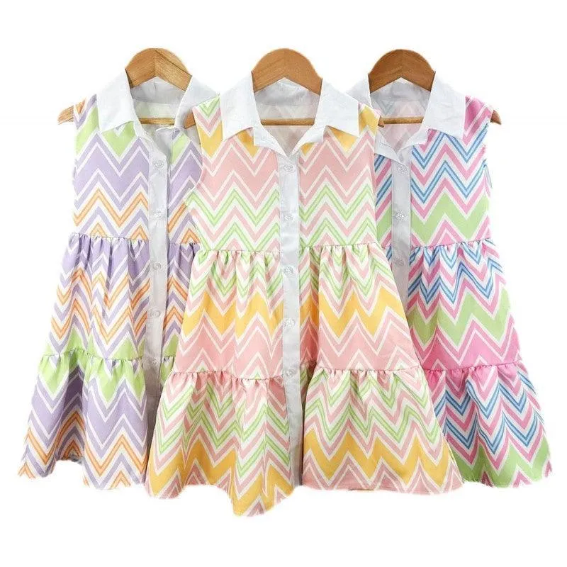 CLEARANCE SALE - Girls SS24 -  Zig Zag Multi Colour Pink Dress