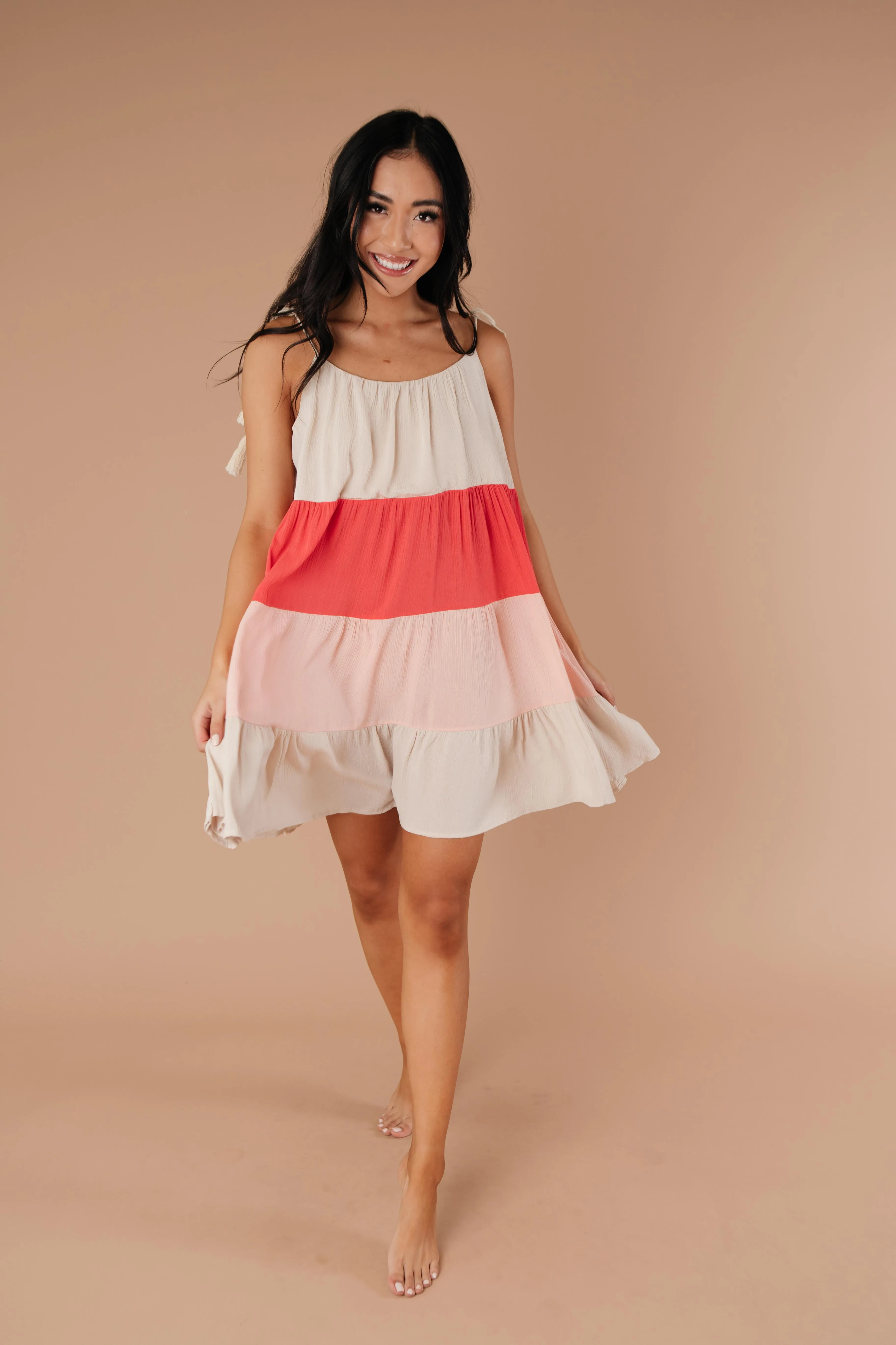 Color Block Ruffles Midi Dress In Pink - On Hand