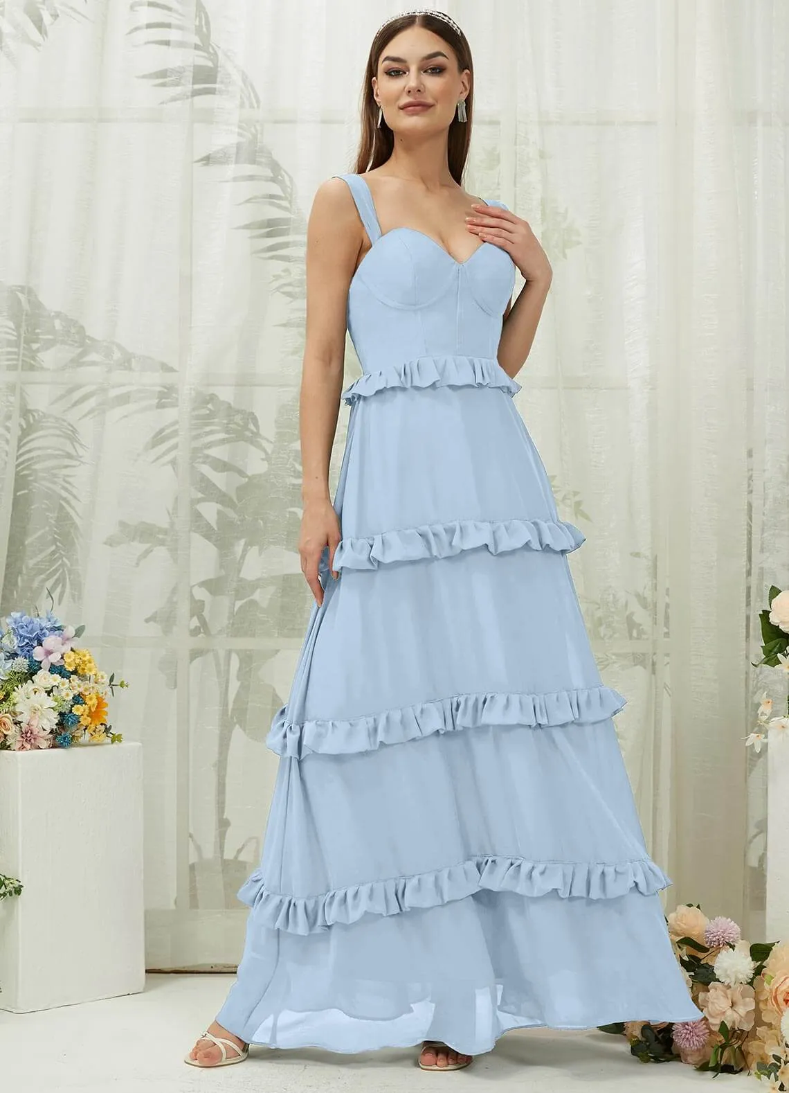 Cornflower Blue Chiffon Sweetheart Straps Tiered Maxi Bridesmaid Dresses