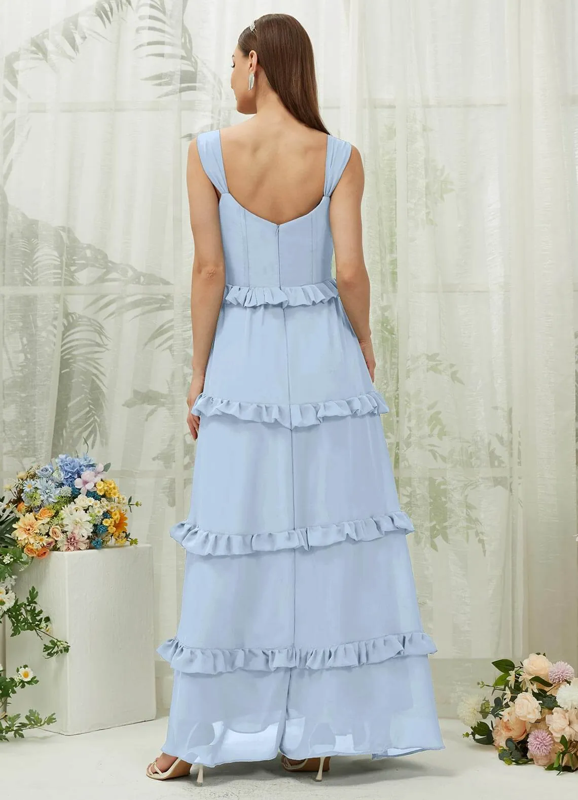 Cornflower Blue Chiffon Sweetheart Straps Tiered Maxi Bridesmaid Dresses