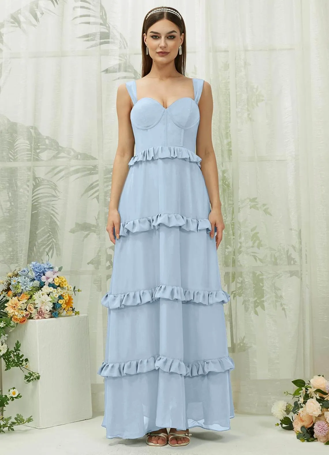 Cornflower Blue Chiffon Sweetheart Straps Tiered Maxi Bridesmaid Dresses