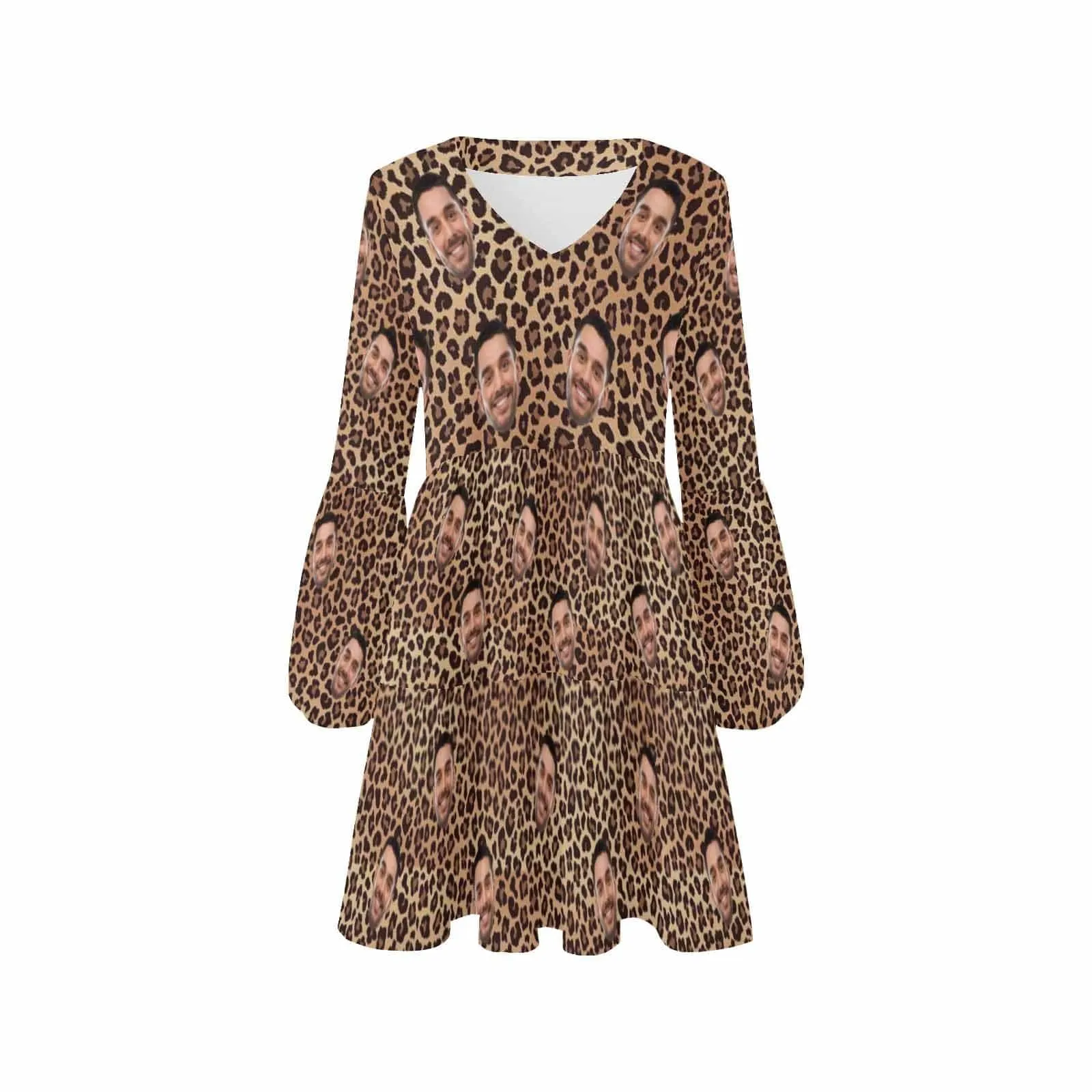 Custom Face Leopard Women's V Neck Casual Loose Flowy Swing Dresses Summer Ruffle Tunic Dress