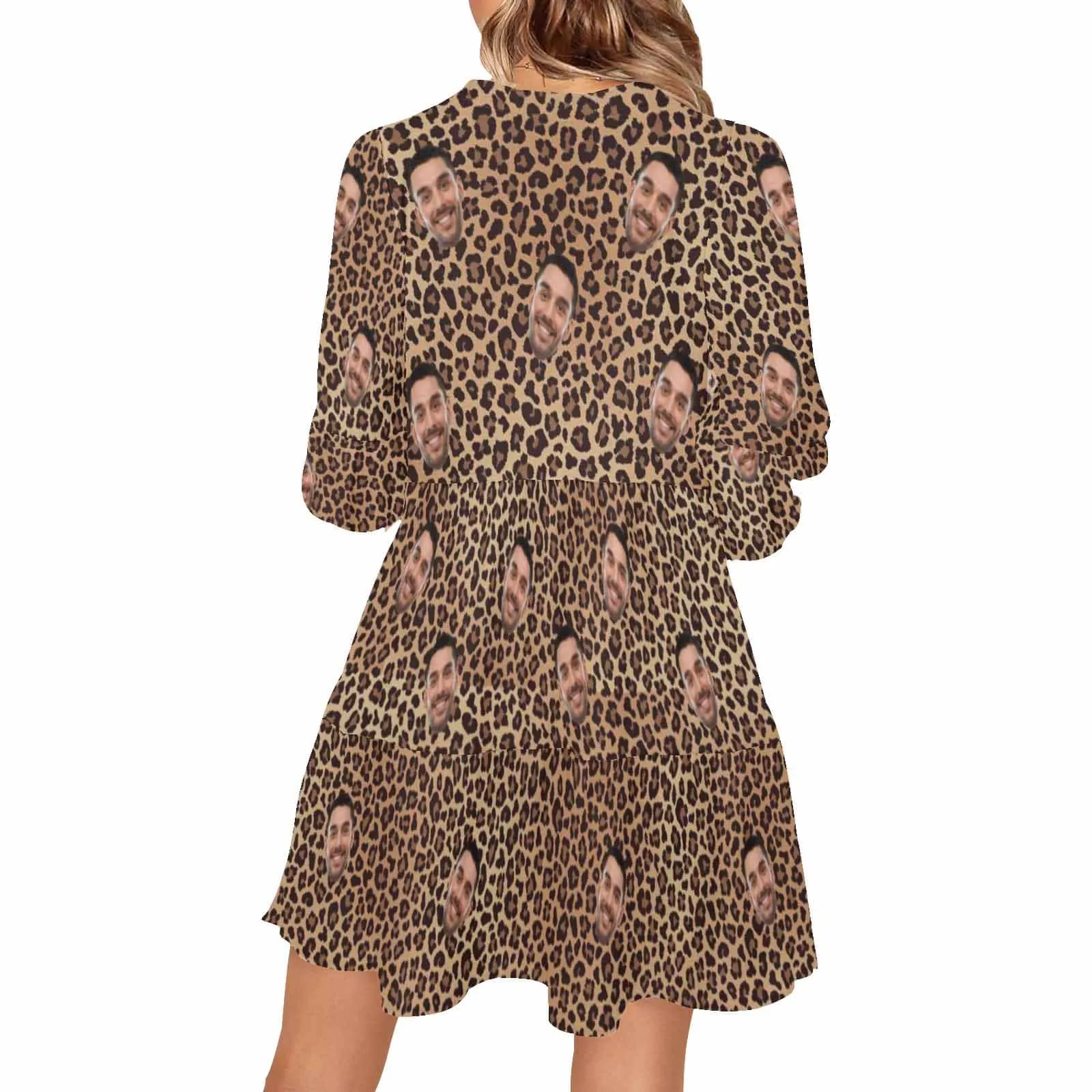 Custom Face Leopard Women's V Neck Casual Loose Flowy Swing Dresses Summer Ruffle Tunic Dress