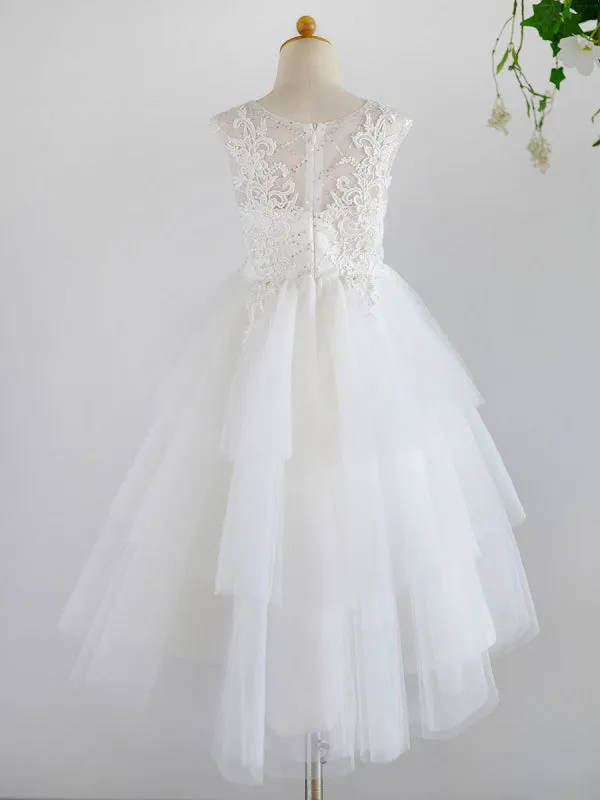 Cute White Tulle Lace Appliques Flower Girl Dresses Jewel Neck Sleeveless Pearls Kids Dresses