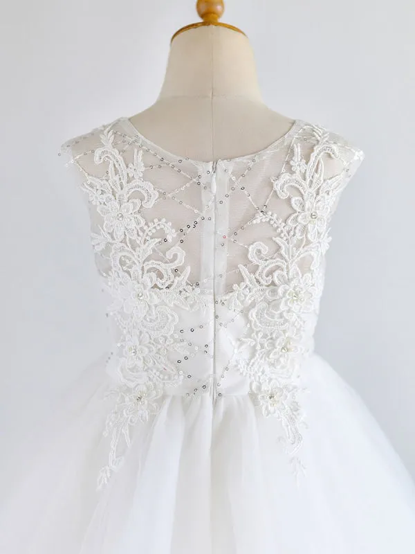 Cute White Tulle Lace Appliques Flower Girl Dresses Jewel Neck Sleeveless Pearls Kids Dresses