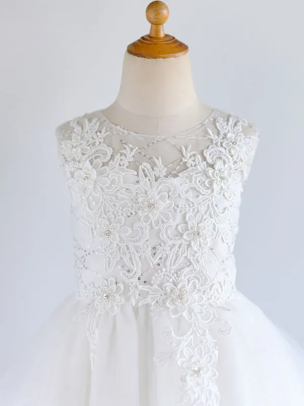 Cute White Tulle Lace Appliques Flower Girl Dresses Jewel Neck Sleeveless Pearls Kids Dresses