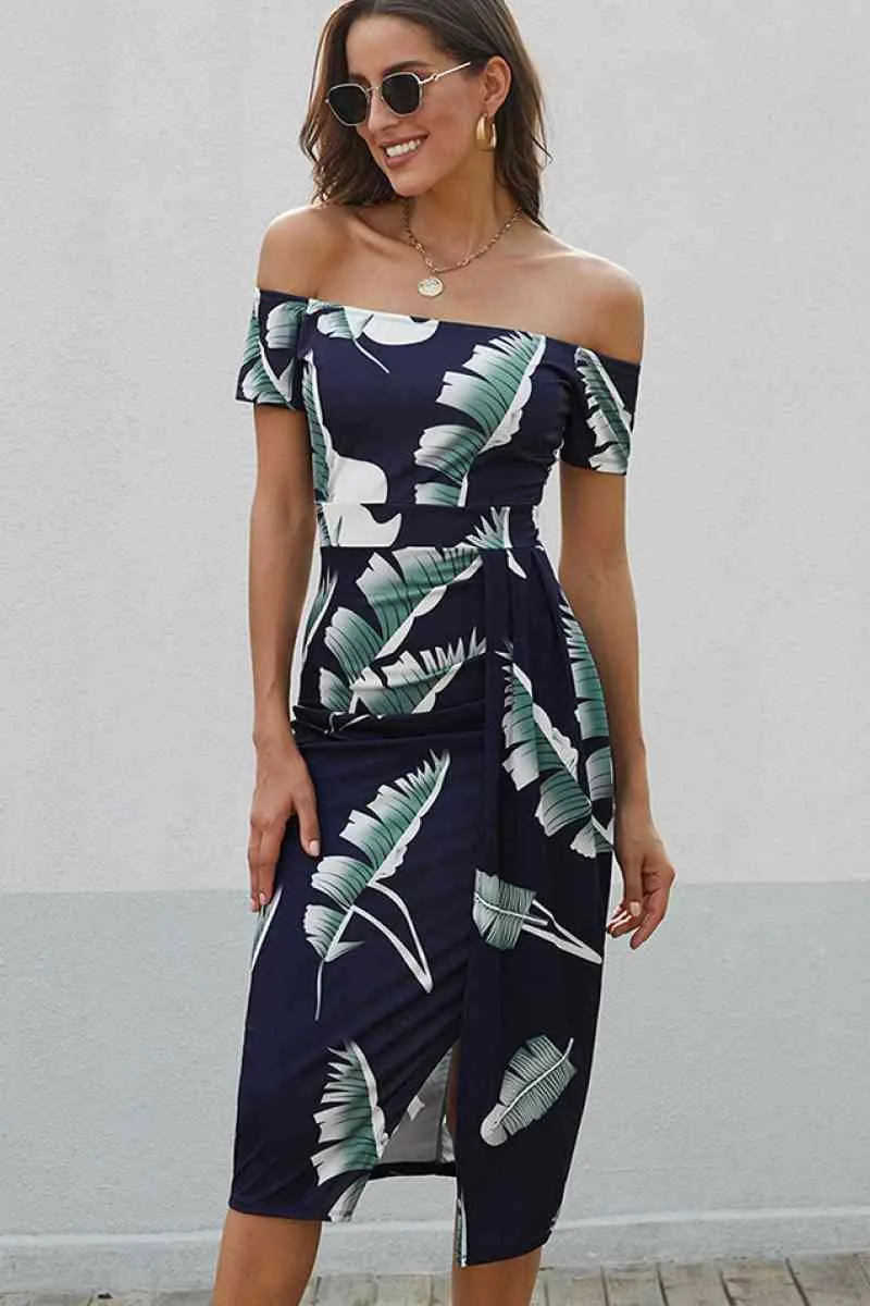 Dark Blue Floral Print Short Sleeve Off Shoulder Midi Dress