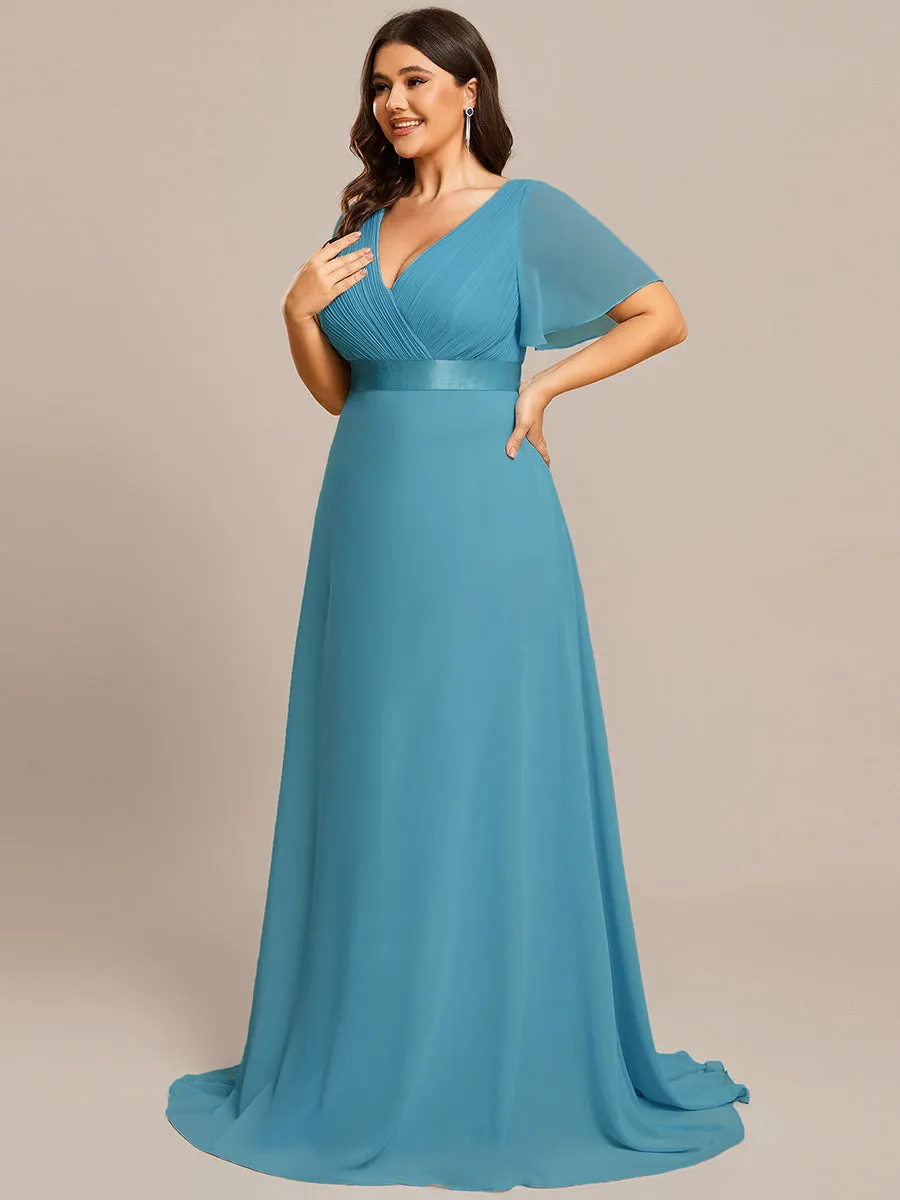 Double V-Neck Ruffles Padded Plus Size Wholesale Evening Dresses