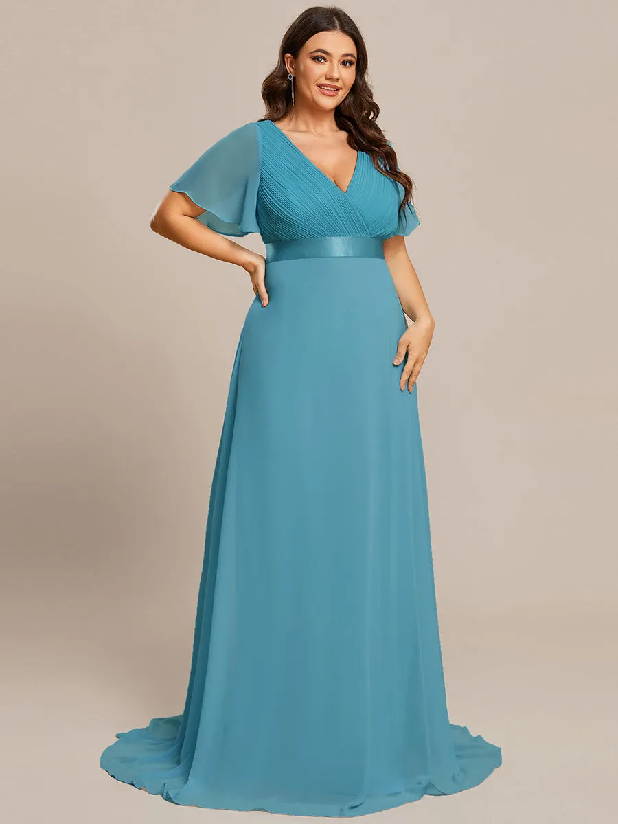 Double V-Neck Ruffles Padded Plus Size Wholesale Evening Dresses