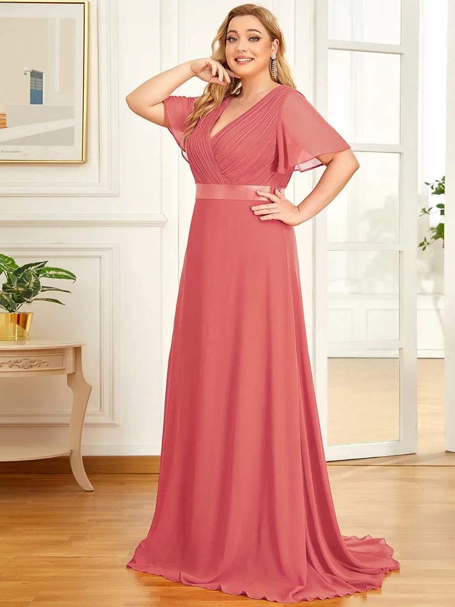 Double V-Neck Ruffles Padded Plus Size Wholesale Evening Dresses