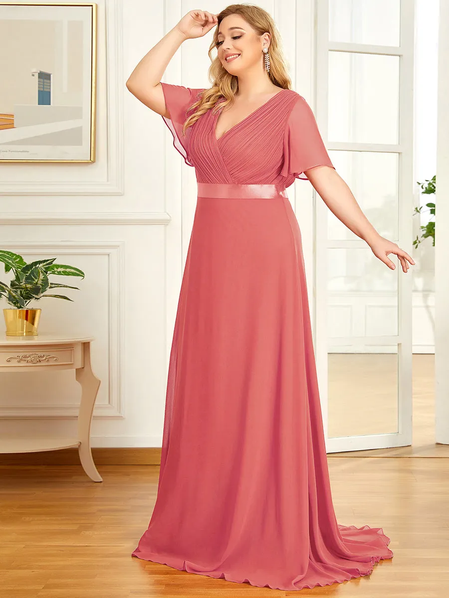 Double V-Neck Ruffles Padded Plus Size Wholesale Evening Dresses