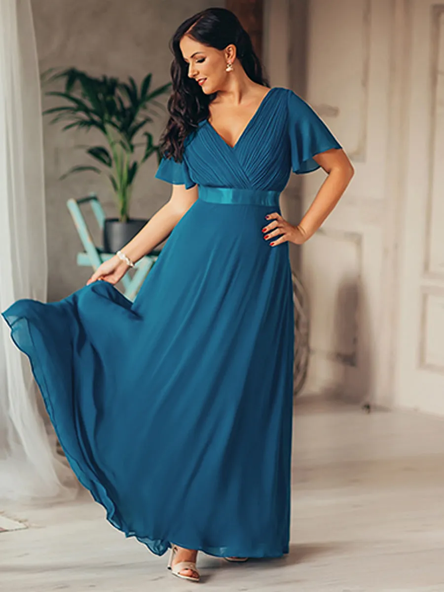 Double V-Neck Ruffles Padded Plus Size Wholesale Evening Dresses