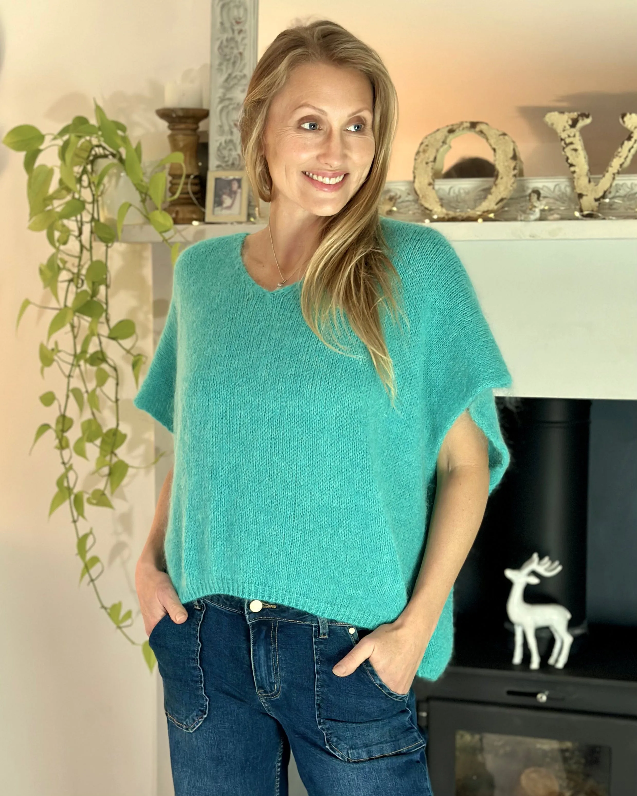 Drop Shoulder Mohair Tank Top - Sea Green