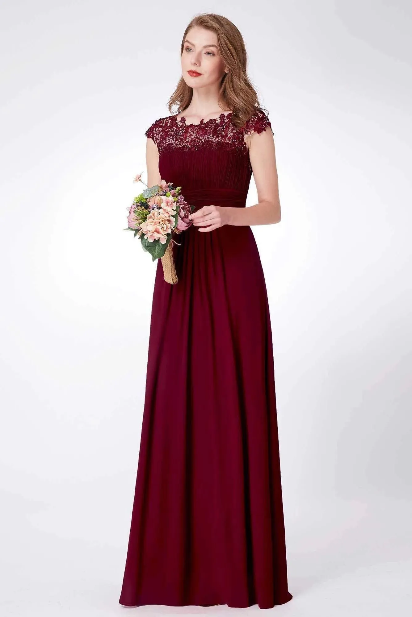 Elegant A Line Cap Sleeve Burgundy Lace Prom Dresses with Chiffon, Bridesmaid Dresses STK15145