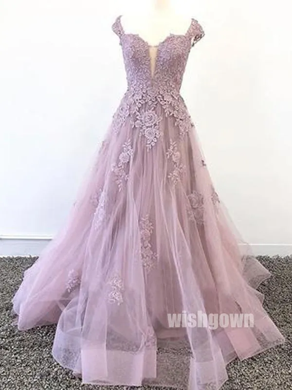 Elegant Cap Sleeve Applique Tulle Long Prom Dresses PG1185