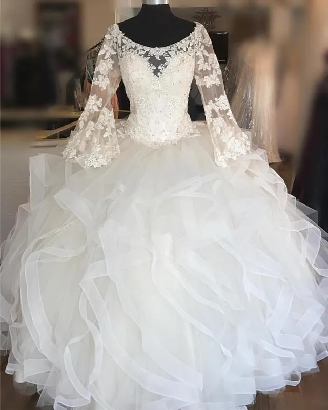 Elegant Lace Long Sleeves Organza Ruffles Ballgowns Quinceanera Dresses