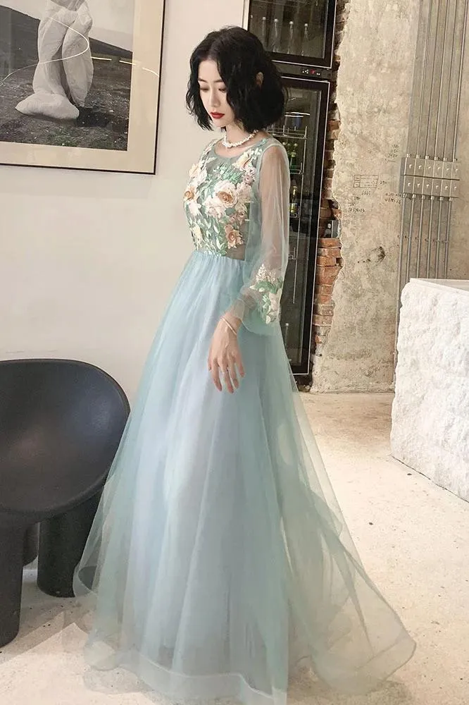 Elegant Long Sleeves Appliqued Tulle Prom Dresses, Floor Length Appliques Evening Dresses STK15175