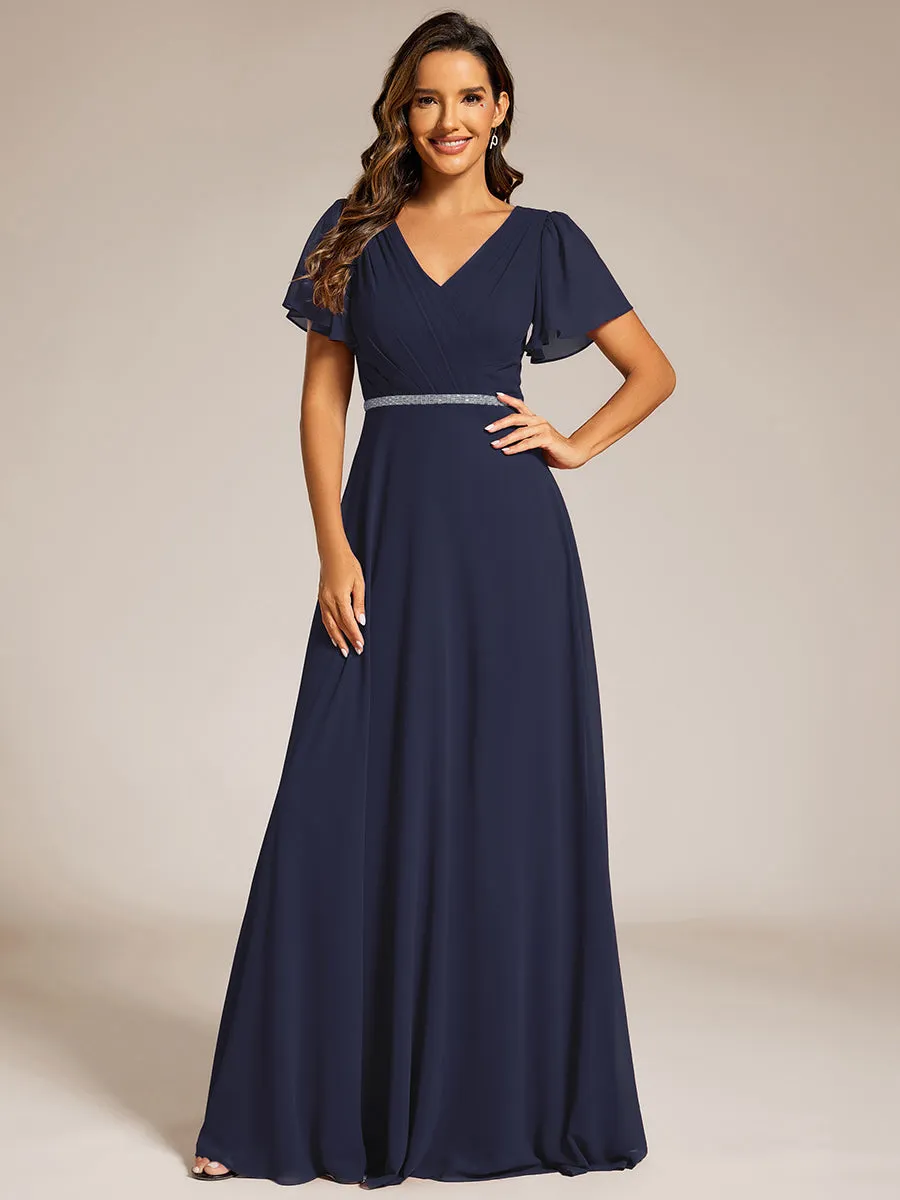 Elegant Midi Length Ruffles Sleeves Chiffon Dresses Empire Waist Evening Dresses with Belt