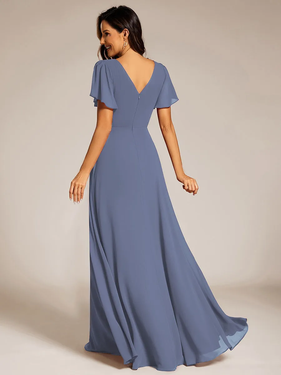 Elegant Midi Length Ruffles Sleeves Chiffon Dresses Empire Waist Evening Dresses with Belt