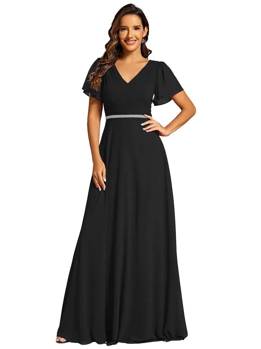 Elegant Midi Length Ruffles Sleeves Chiffon Dresses Empire Waist Evening Dresses with Belt