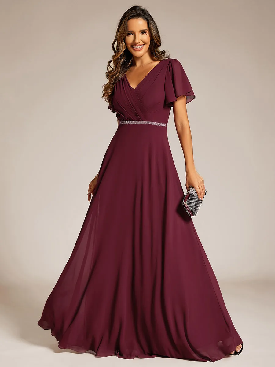 Elegant Midi Length Ruffles Sleeves Chiffon Dresses Empire Waist Evening Dresses with Belt