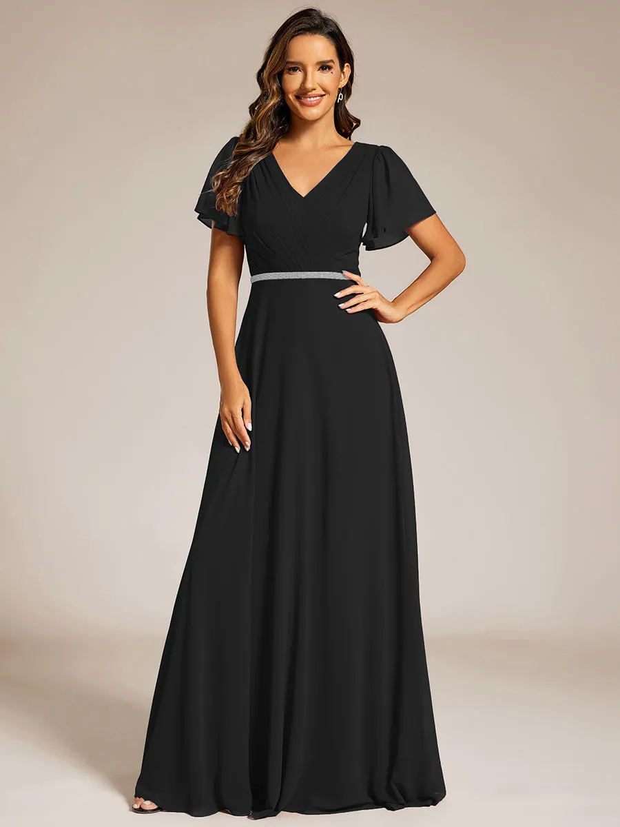 Elegant Midi Length Ruffles Sleeves Chiffon Dresses Empire Waist Evening Dresses with Belt