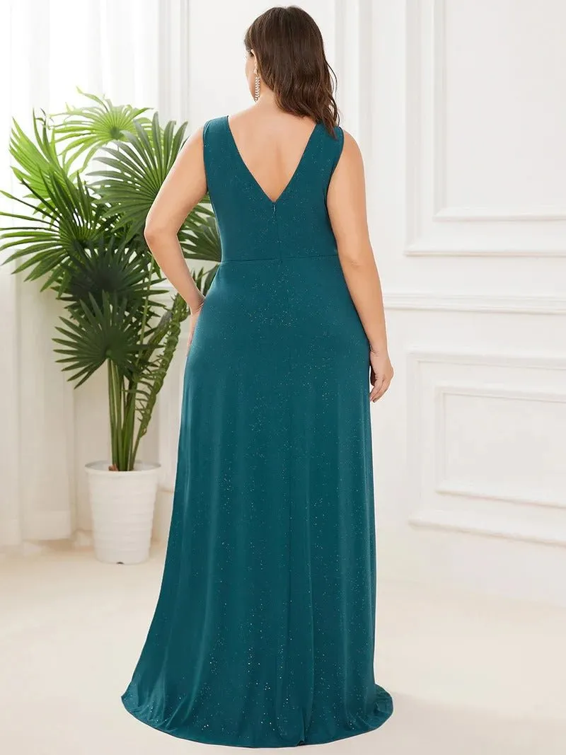 Floor Length V Neck Shimmery Plus Size Evening Dresses