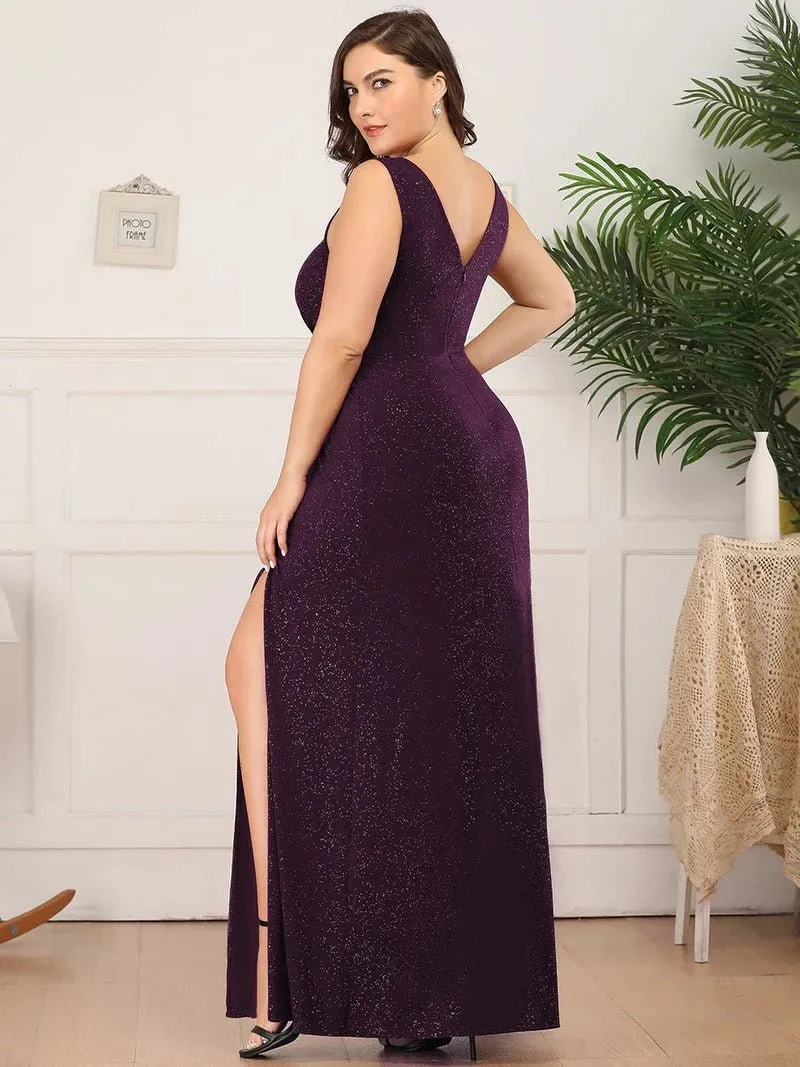 Floor Length V Neck Shimmery Plus Size Evening Dresses