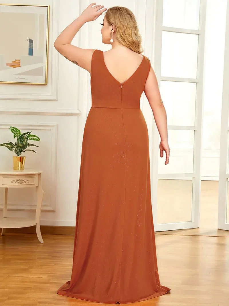 Floor Length V Neck Shimmery Plus Size Evening Dresses