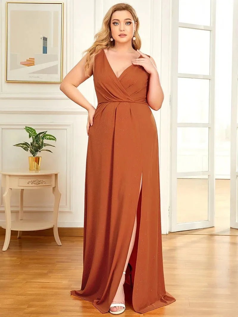 Floor Length V Neck Shimmery Plus Size Evening Dresses