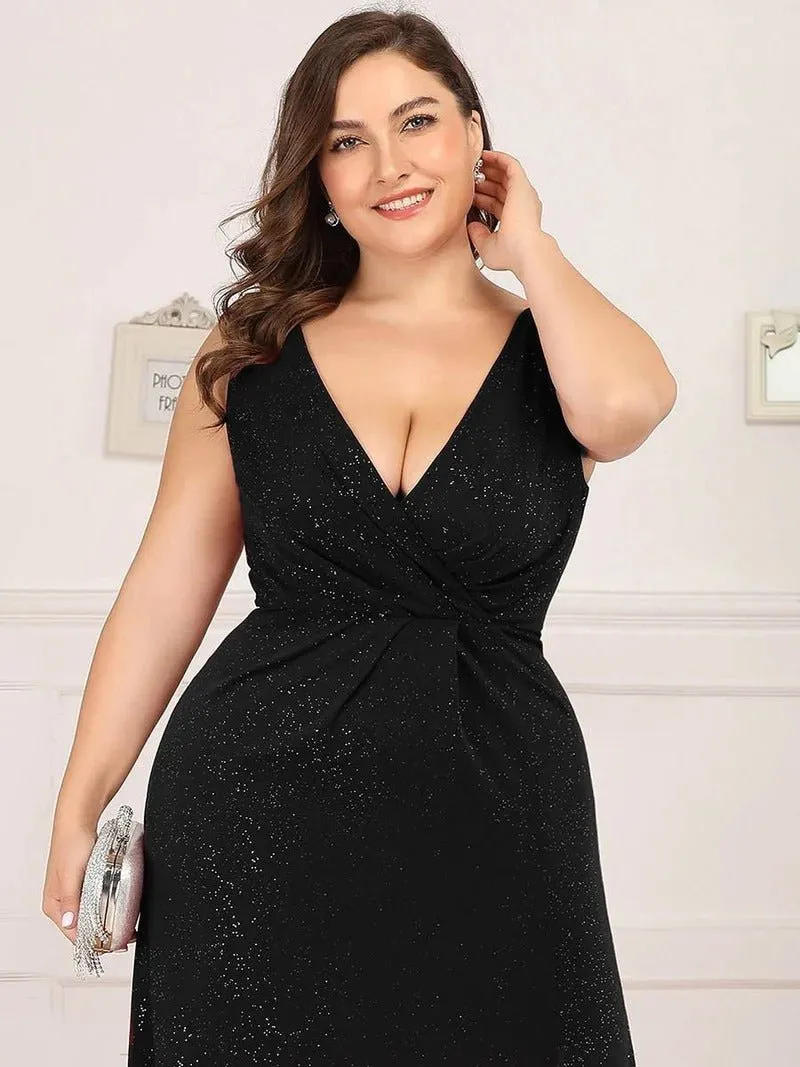 Floor Length V Neck Shimmery Plus Size Evening Dresses