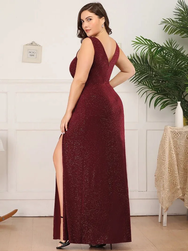 Floor Length V Neck Shimmery Plus Size Evening Dresses