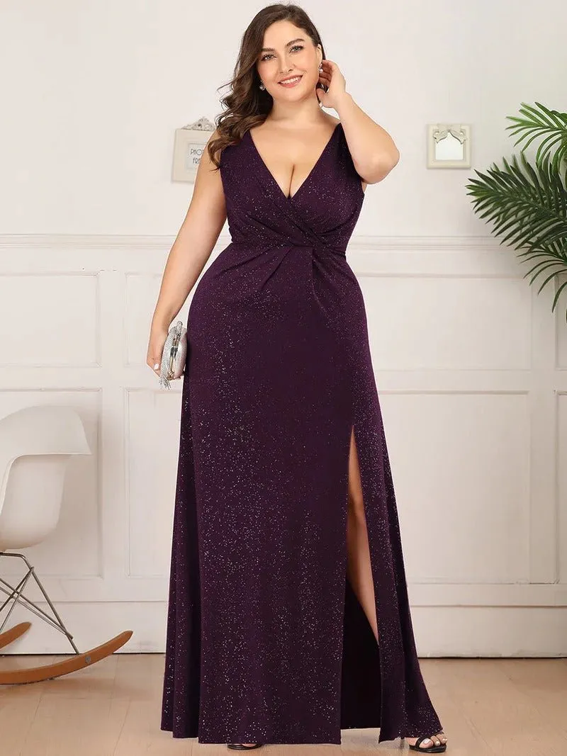 Floor Length V Neck Shimmery Plus Size Evening Dresses