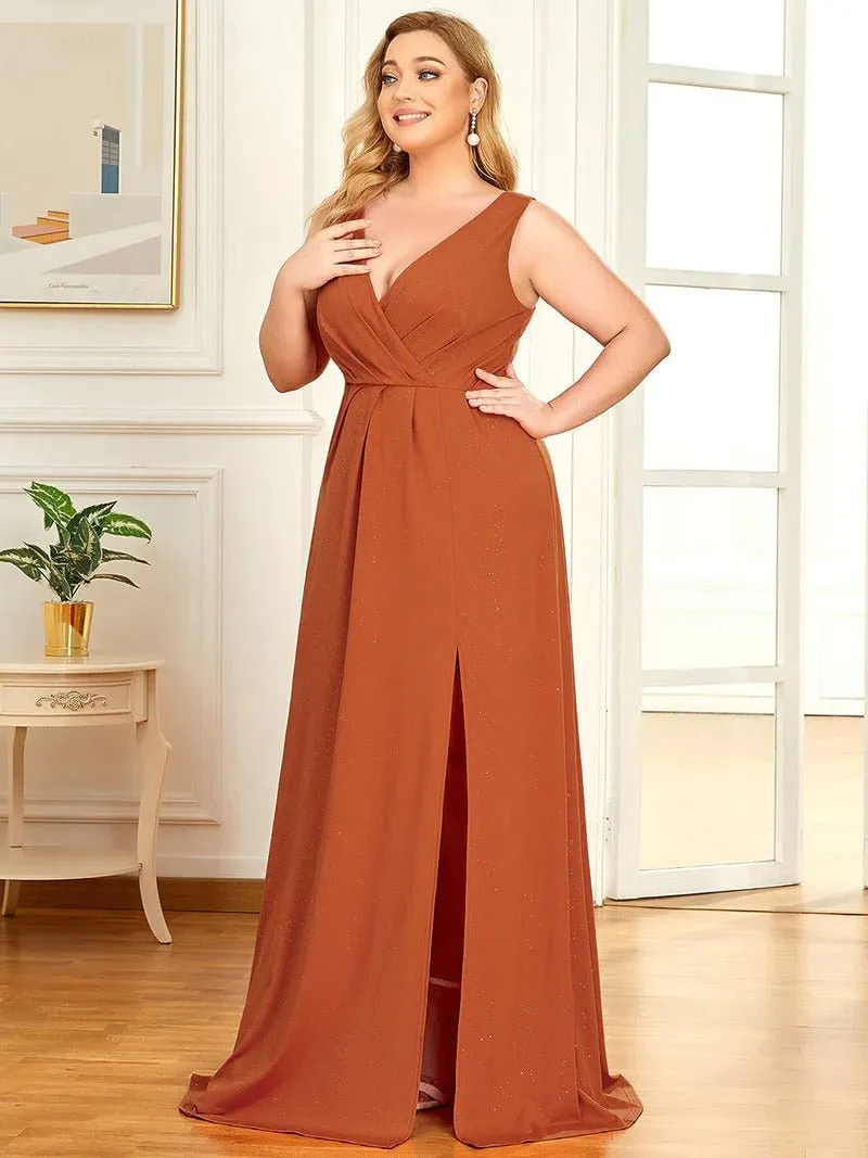 Floor Length V Neck Shimmery Plus Size Evening Dresses