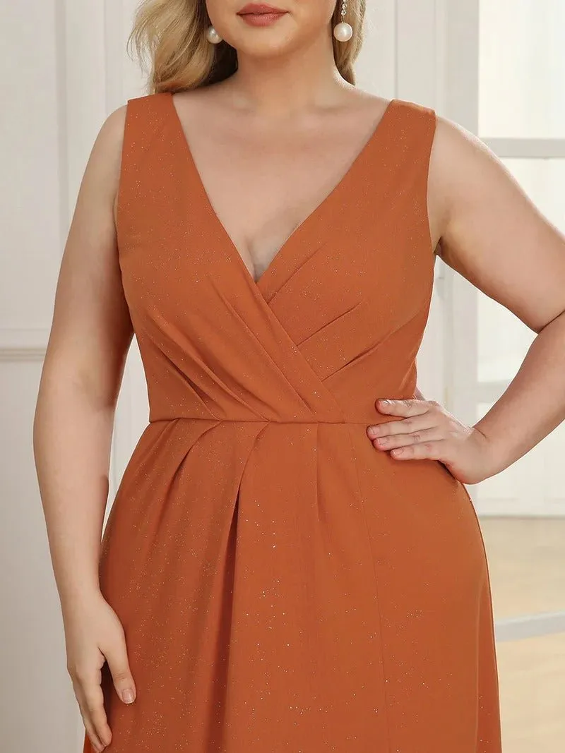 Floor Length V Neck Shimmery Plus Size Evening Dresses