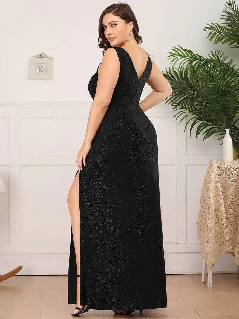 Floor Length V Neck Shimmery Plus Size Evening Dresses