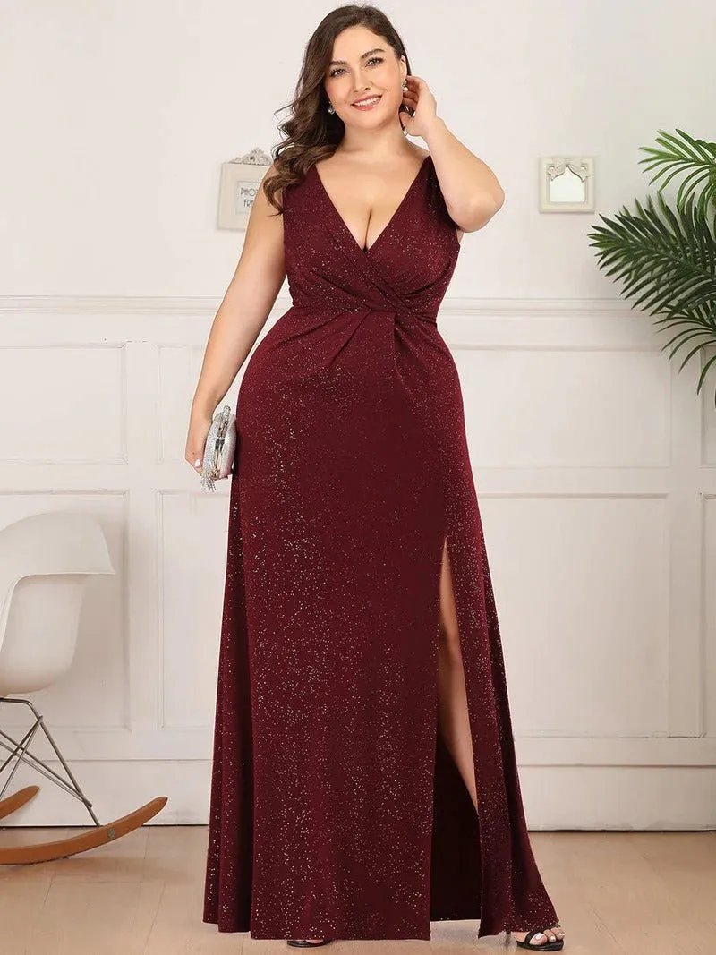 Floor Length V Neck Shimmery Plus Size Evening Dresses