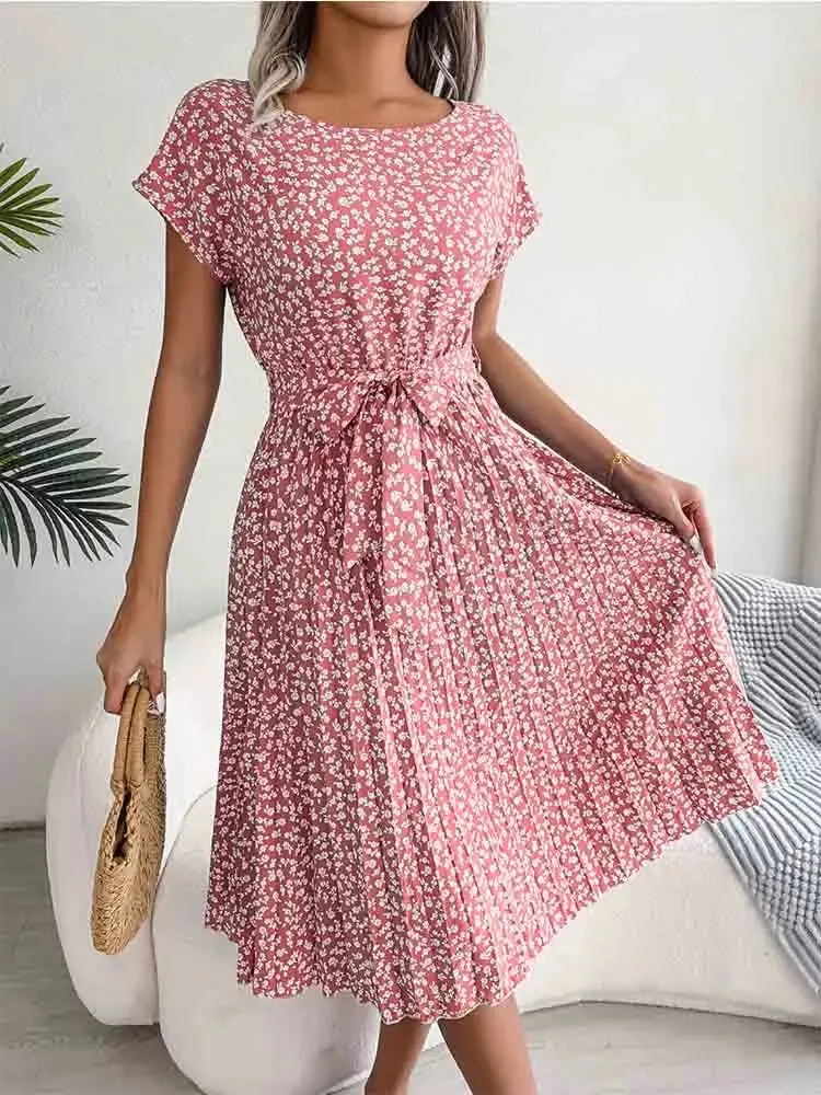 Floral Pleated A Line Long Spring Short High Chic  Midi Dresses