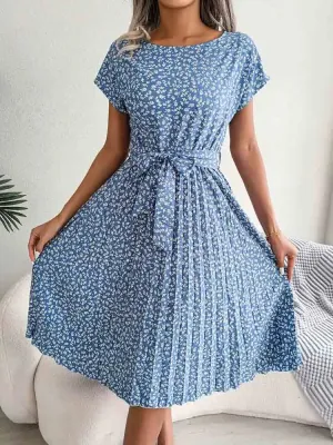 Floral Pleated A Line Long Spring Short High Chic  Midi Dresses