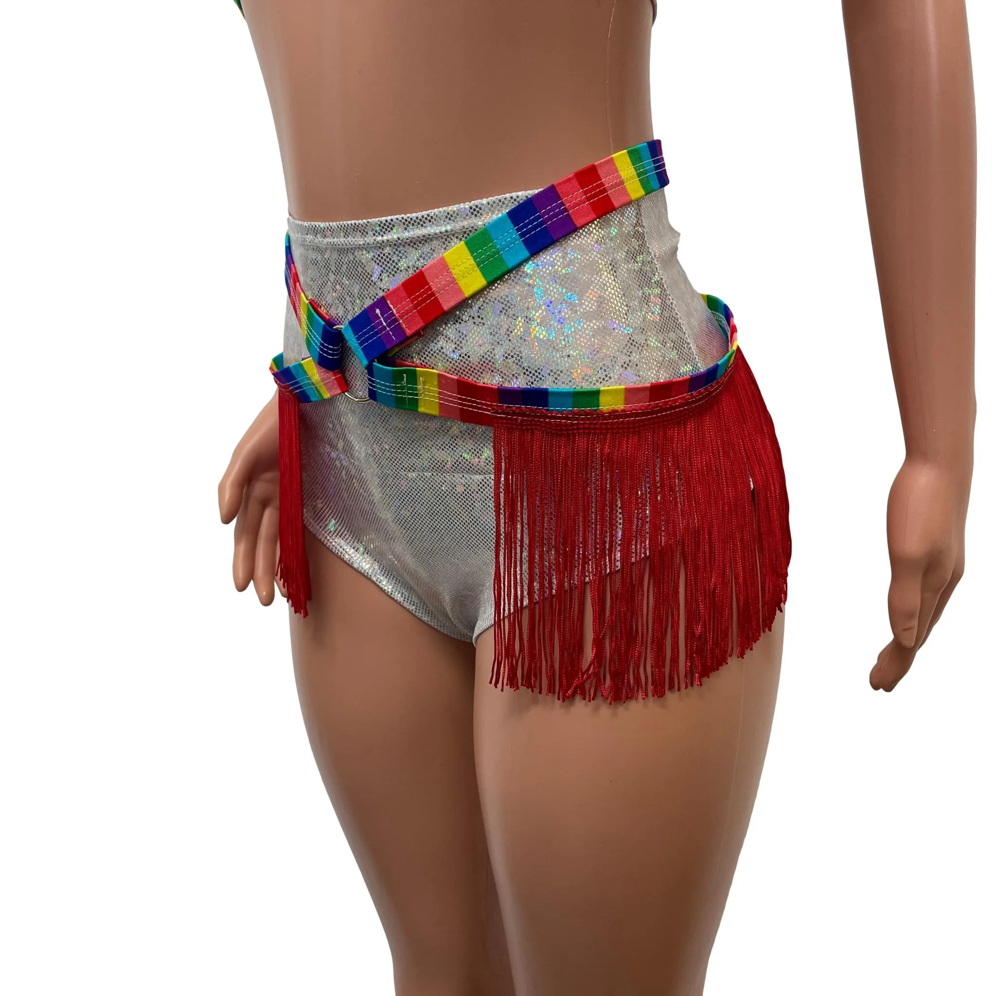 Fringe Harness Skirt in Rainbow Stripe Pride | Rave Body Harness Bottom w/ Fringe