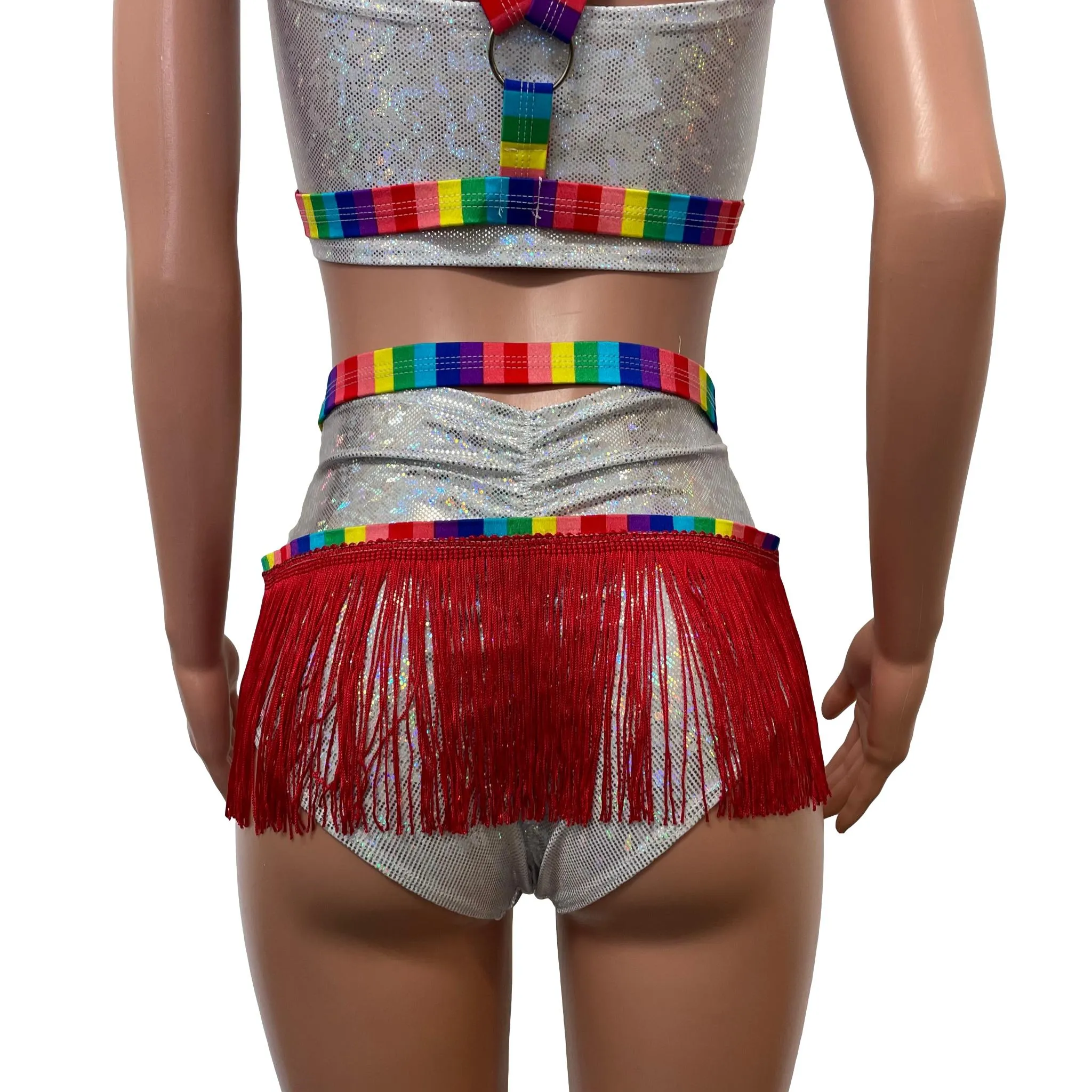 Fringe Harness Skirt in Rainbow Stripe Pride | Rave Body Harness Bottom w/ Fringe