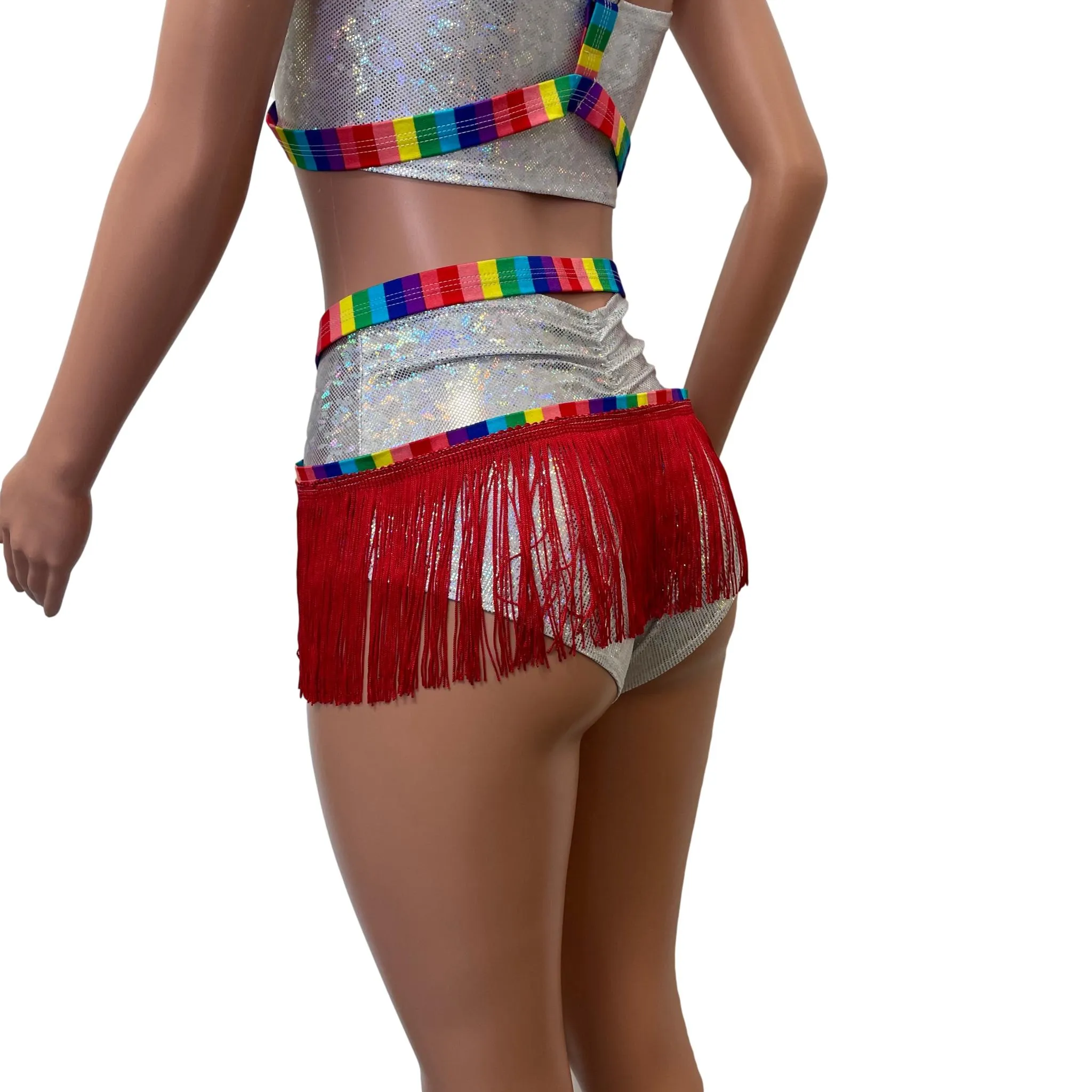 Fringe Harness Skirt in Rainbow Stripe Pride | Rave Body Harness Bottom w/ Fringe